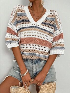 Acelitt Womens Short Sleeve Crochet Knit Sweater Hollow Out Striped Top SMALL